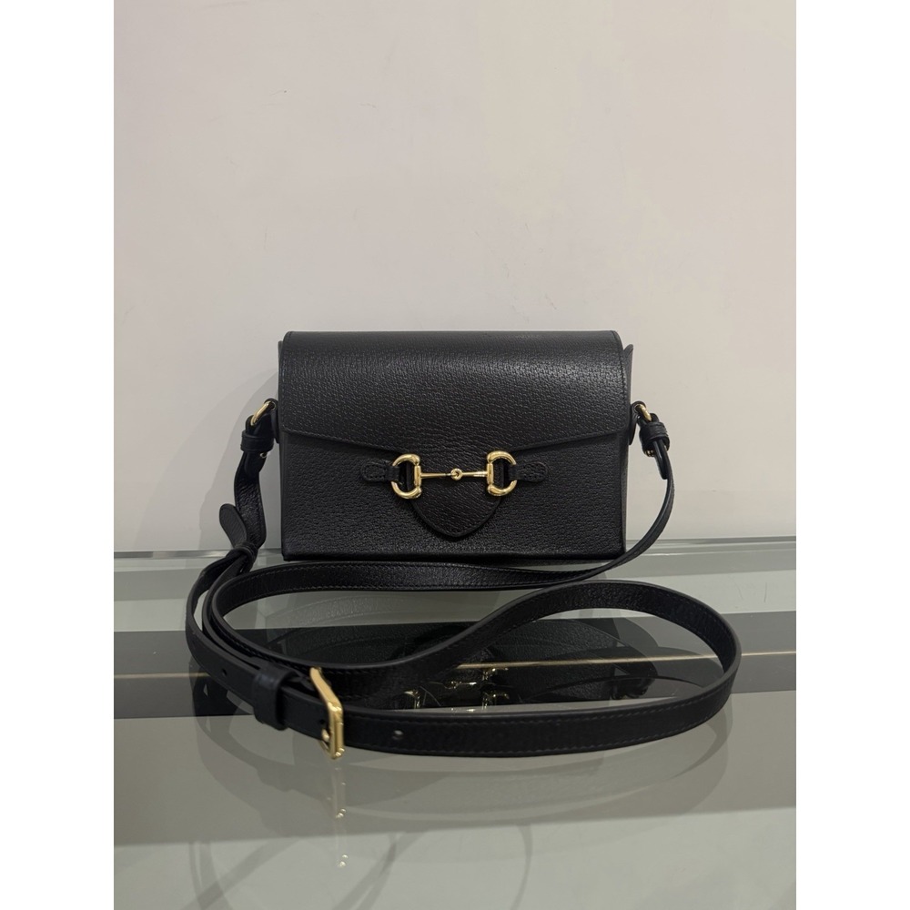 Authentic GUCCI Horsebit 1955 Flap Shoulder Bag / Black Leather 732314